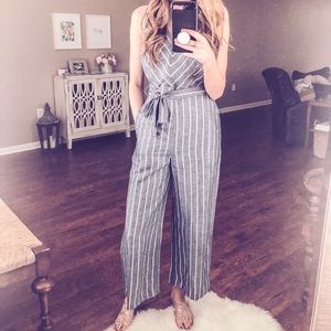 Chambray and white stripe jumpsuit